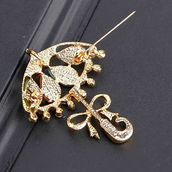 Brooch Umbrella Rhinestone Stunning Pin Stylish Colorful Stones Gold Unique Glam - Picture 3 of 3